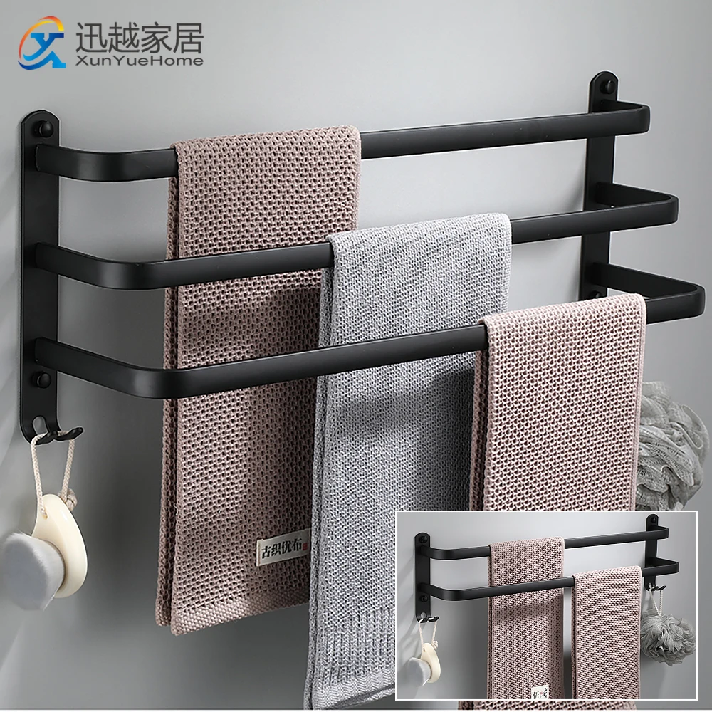 Bar 30-60 Cm Multi Rod Holder Bathroom Accessories Wall Rail Organizer Hook Hanger Aluminum Storage Rack Matte Black Shelf
