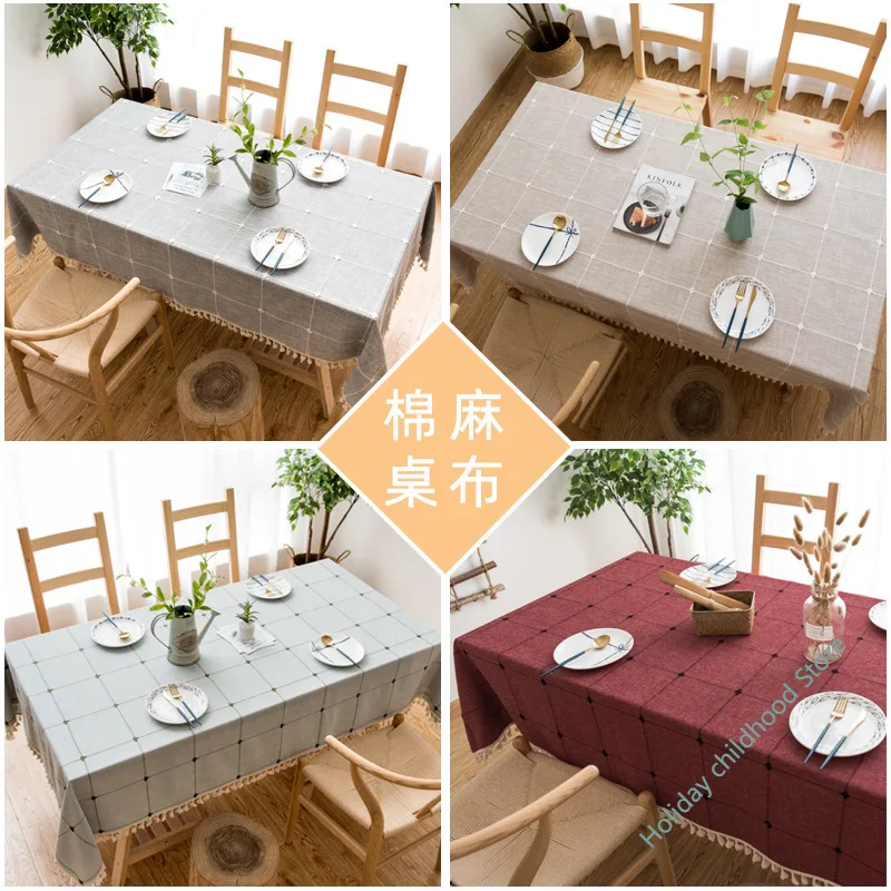 

Simple cotton and linen solid color checkered dustproof tablecloth rectangular coffee table table hotel tablecloth table mat