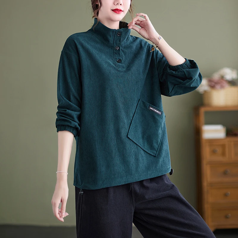 

Korea Style Turtleneck Button Corduroy Fashion Autumn Outwear Casual Sweatshirts Winter Spring Women Pullovers Hoodies Shirts