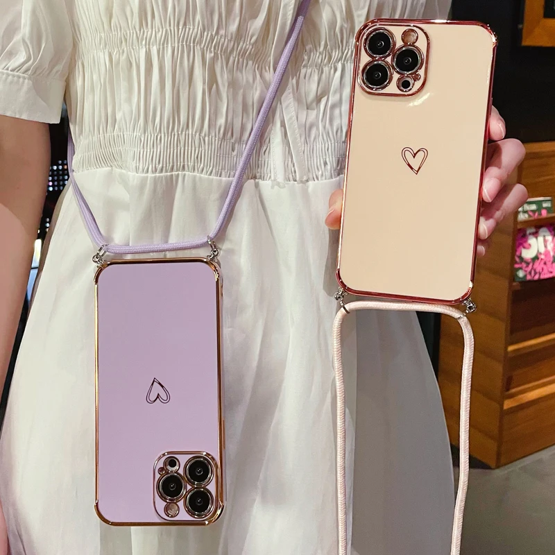 

Crossbody Lanyard Necklace Heart Phone Case For iphone 14 13 12 Mini 11 Pro XS Max XR X 8 7 Plus SE 2 3 2020 Plating Soft Cover