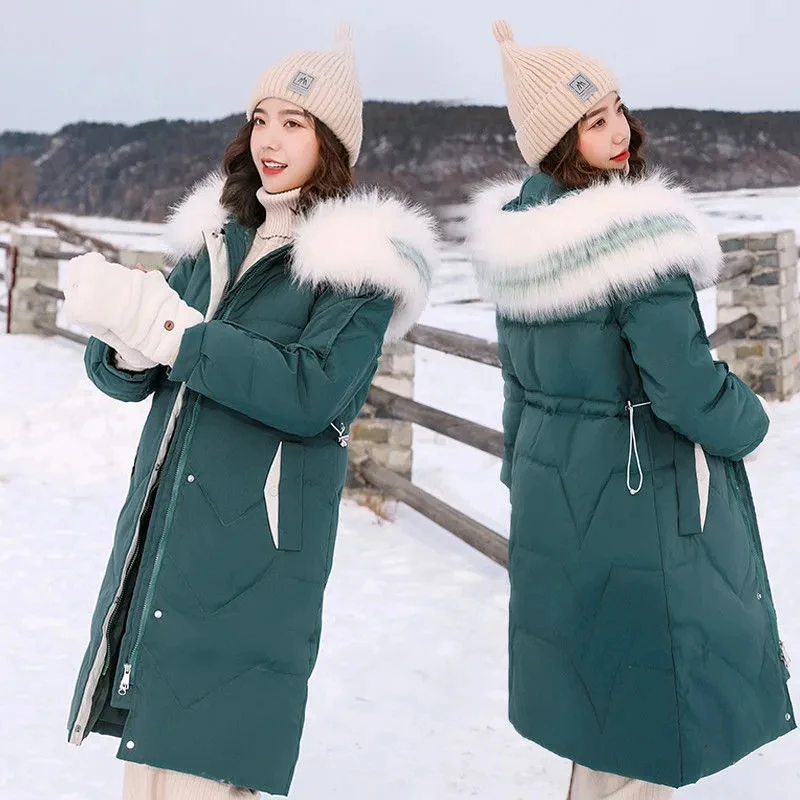 

Down Jacket Women Mid-length 2022 New Fashion White Duck Down Big Fur Collar Waist Hooded Parkas Snow Wear Coat Puffer Outwear