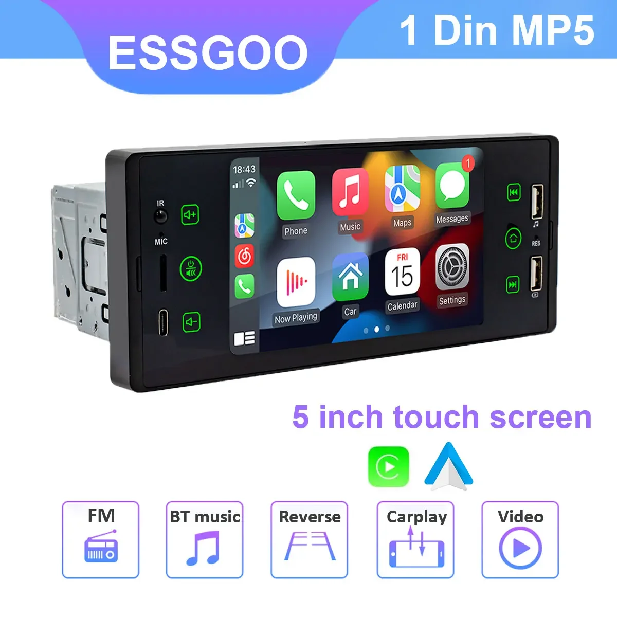 Фото ESSGOO 5-дюймовый автомобильный радиоприемник, проводной Carplay, Android Auto, 1 Din, мультимедийный плеер, HD сенсорный экран, Bluetooth MirrorLink, универсальный авто F150C №1