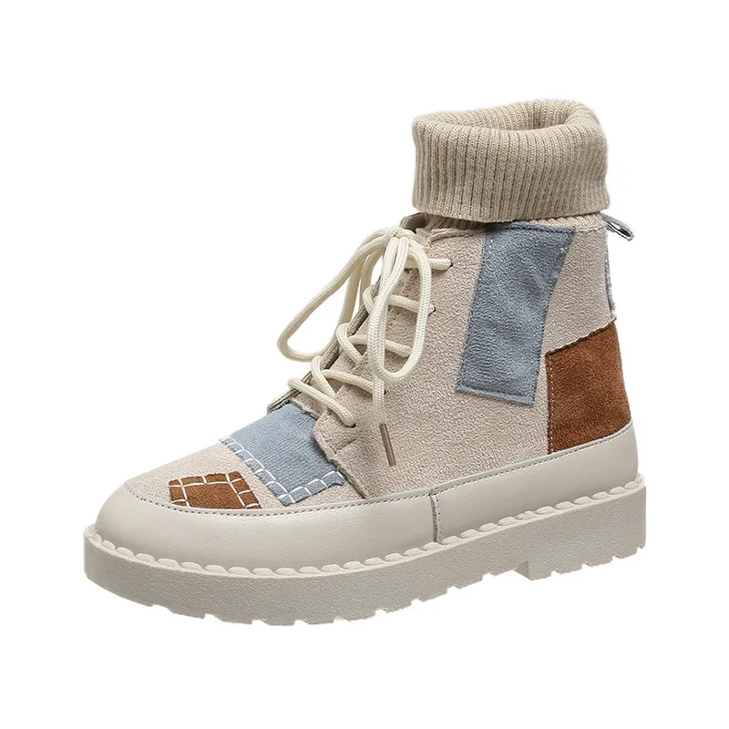 Trend Spring Women Canvas Boots Color Contrast Winter Plush Cotton Boots Elastic Cloth Socks Shoes Retro Casual High top Shoes