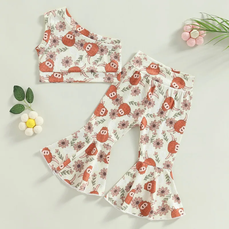 

Kids Children Baby Girls Pant Sets Summer Clothes 2023 Outfits Bull Head Floral One Shoulder Tank Tops Elastic Flared Pants Set