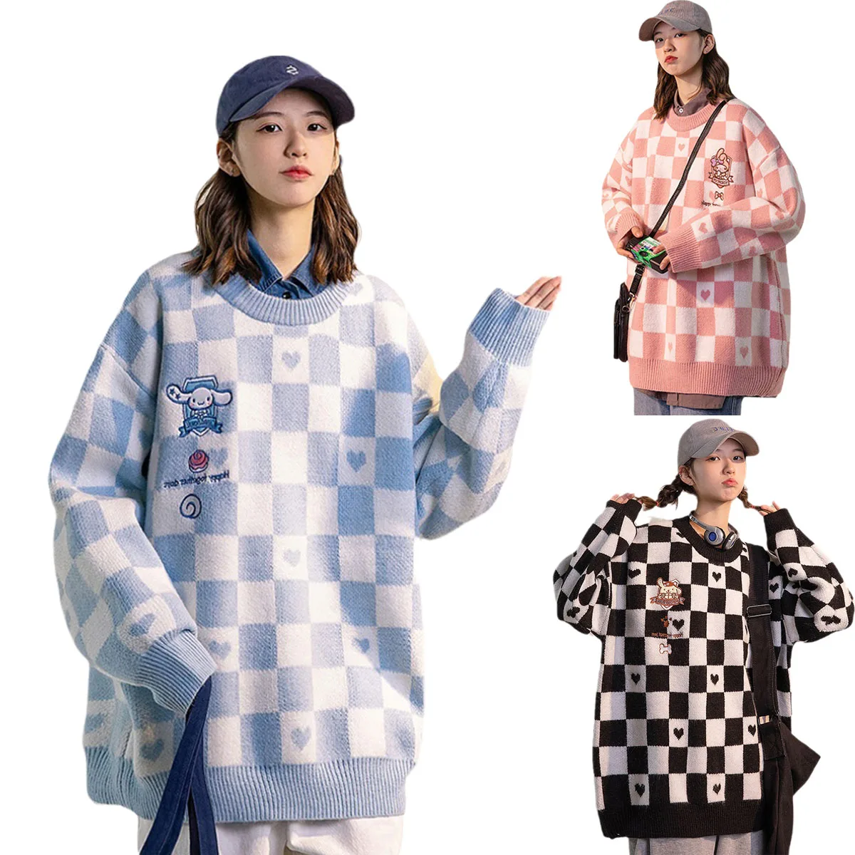 

Sanrio шахматный свитер Cinnamoroll My Melody Pom пуриновый осенне-зимний теплый милый плотный вязаный свитер с круглым вырезом