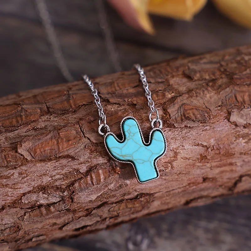 

CACTUS NECKLACE | Blue Kingman Cactus Stone Pendant Necklace for Women Cowgirl Boho Saguaro Cactus Western Jewelry Accessories