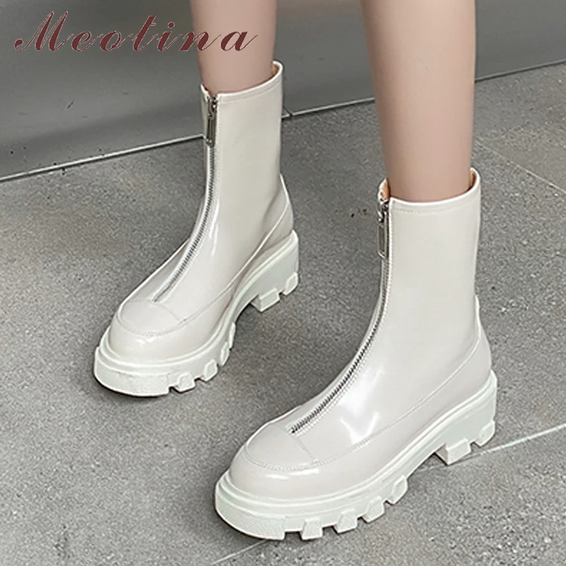 

Meotina Women Genuine Leather Ankle Boots Round Toe Platform Thick Mid Heel Zipper Fashion Ladies Short Boot Autumn Winter Shoes