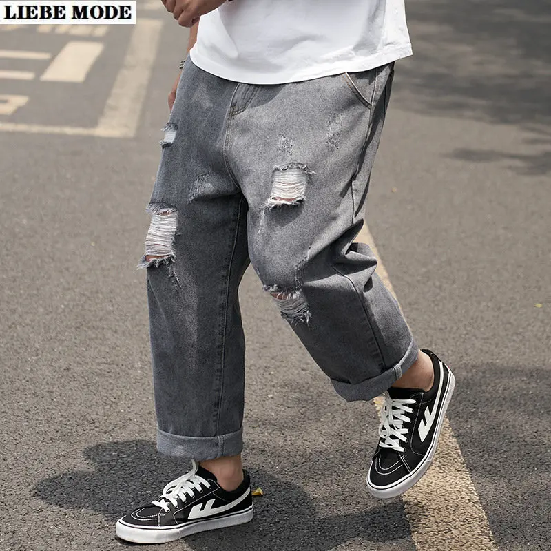 Plus Size Baggy Ripped Jeans Men Denim Pants Grey Wide Leg Trousers Men's Jeans Loose Casual Korean Streetwear Hip Hop Holes