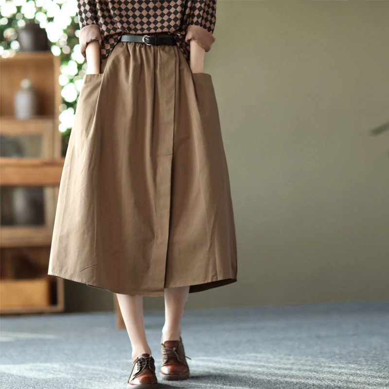 

2022 Spring Summer New Arts Style Women Elastic Waist Loose Long Skirt All-matched Casual Big Pocket Cotton Solid Skirts C412