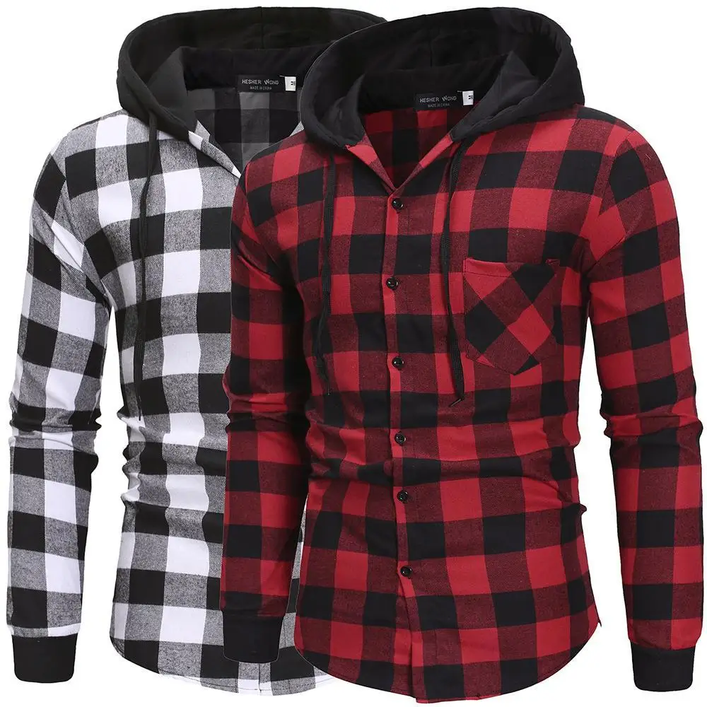 

Hooded Casual Shirts Mens Shirts Pullover 2020men's Winter Top Cotton Shirt Quality Long Sleeve Plaid Fashion Autumn High