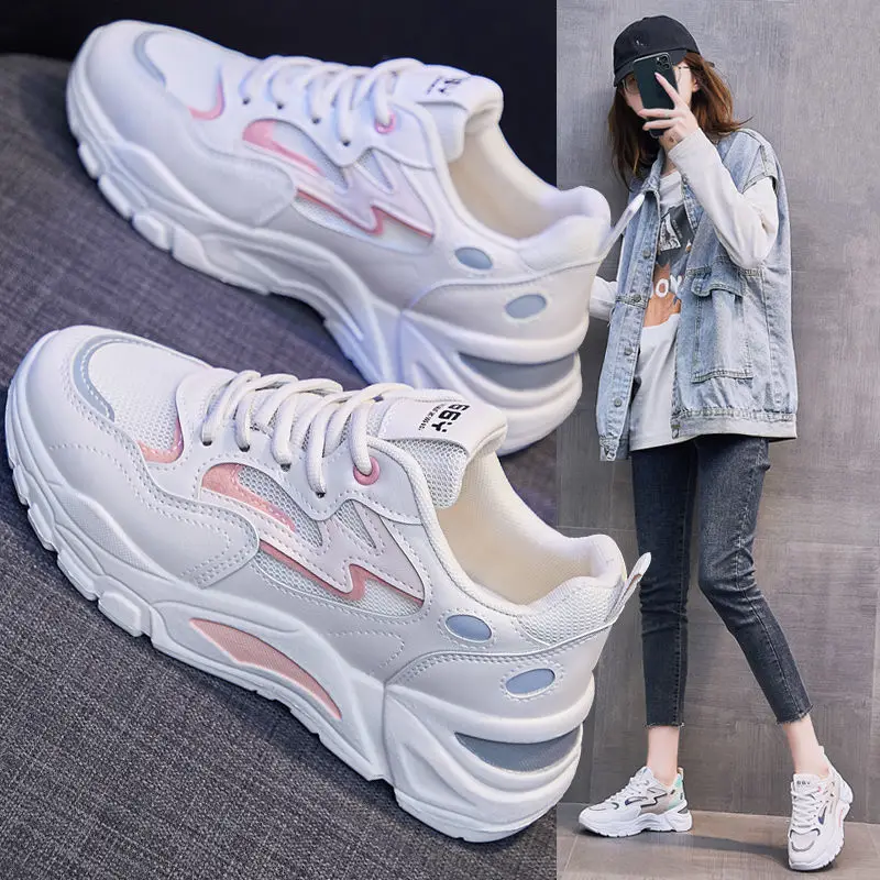 Soft Leather Dad Shoes for Women Spring and Autumn New Sports Mesh Shoes Breathable and Versatile Running Casual Shoes