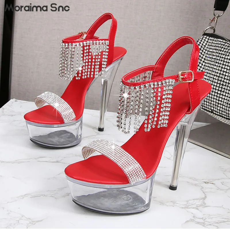 Rhinestone Chain Strap Sandals 15CM/20CM Super High Heel Platform Sandals Ankle Buckle Sexy Fashion High Heel Sandals