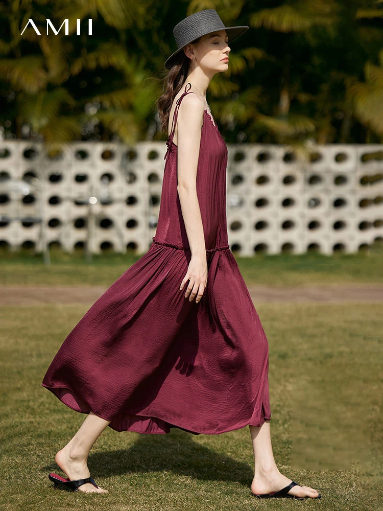 

AMII Minimalism Women's Dress Holiday Style 2023 Summer New V Neck Backless Lace-up Office Lady Chic Camisole Vestidos 12342234