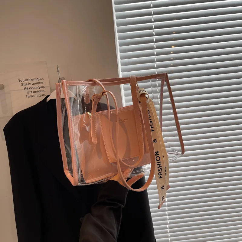 

New Elegant Ladies Tote Bag Woven Handbag Women Holiday Beach Ins Chic Transparency Bucket Bags Fashion Shoulder Bag 2023 Summer