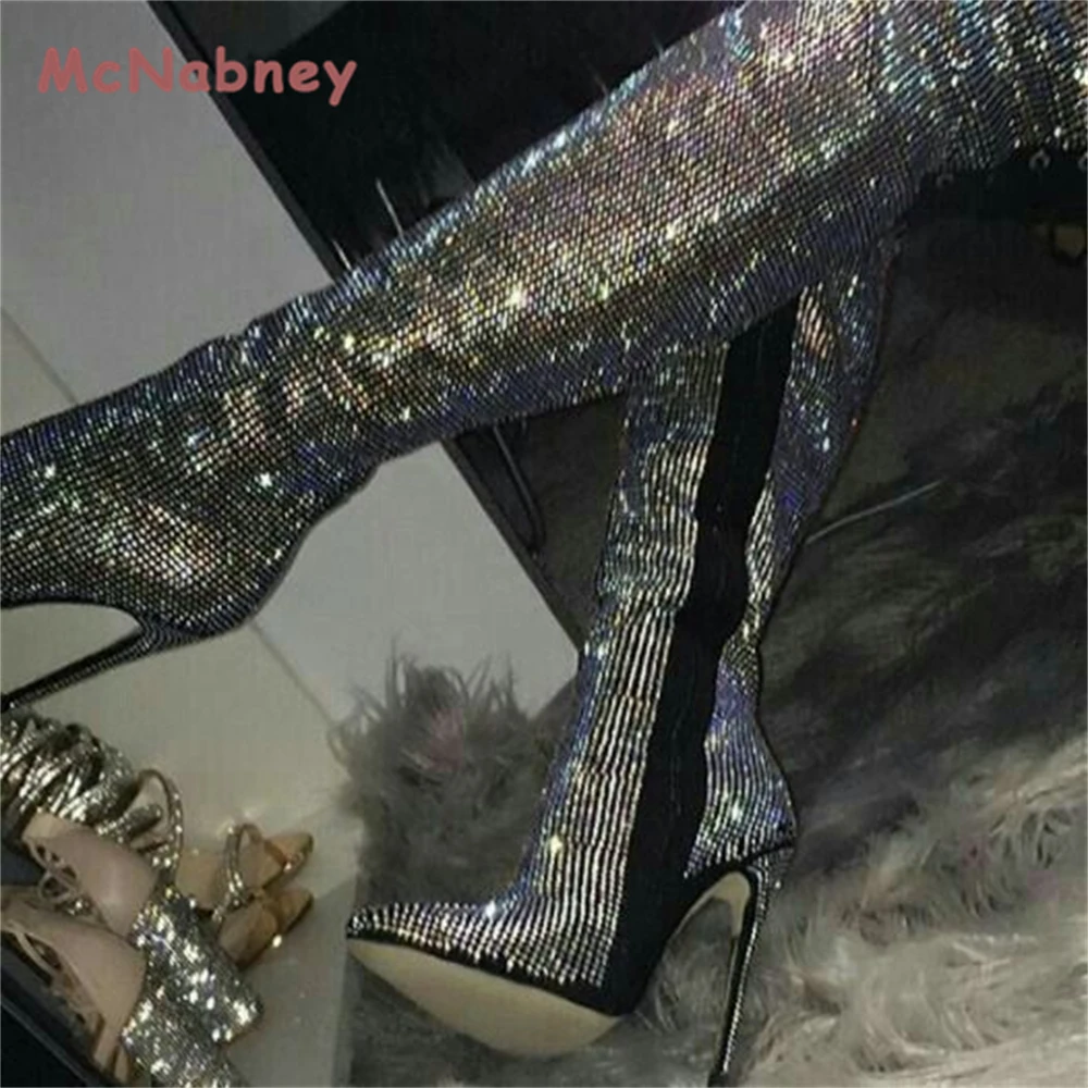 Rhinestone Women's High Boots Pointed Toe Over The Knee Boots Women Boots Lace Up High Heels Sexy Stiletto Ladies Party Shoes