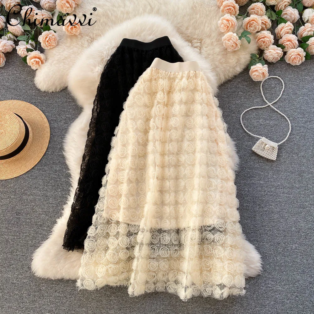 

Exquisite Flowers Mesh Skirt Women's 2022 Spring Clothes New High Waist Slim Temperament Wild Mid-Length Big Hem A- Line Skirt