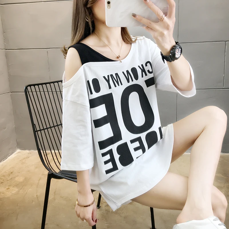 

Real Shot Cost-Effective Short SleeveTT-shirt Women's Summer2022Korean Style New off Shoulder Fake Two Pieces Mid-Length Top Lar
