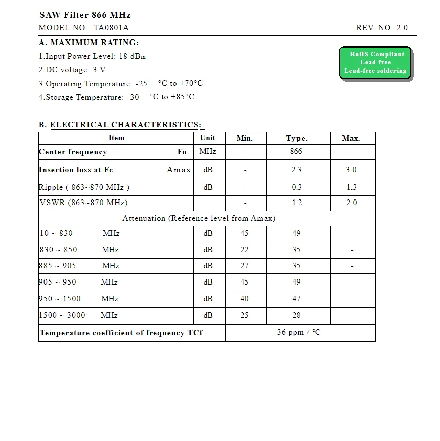 10 шт. TA0801A код AA новый оригинальный 866 МГц упакованный SMD SAW фильтр