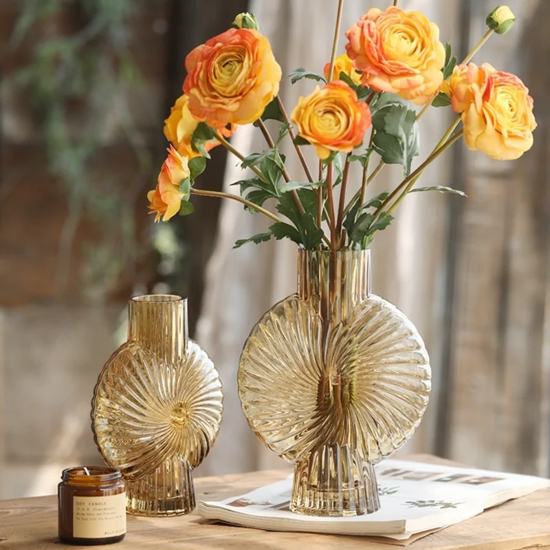 

Champagne Gold Spiral Transparent Glass Vase Light Luxury Retro Small Arrangement Flower Pots Hydroponic Home Plant Accessories