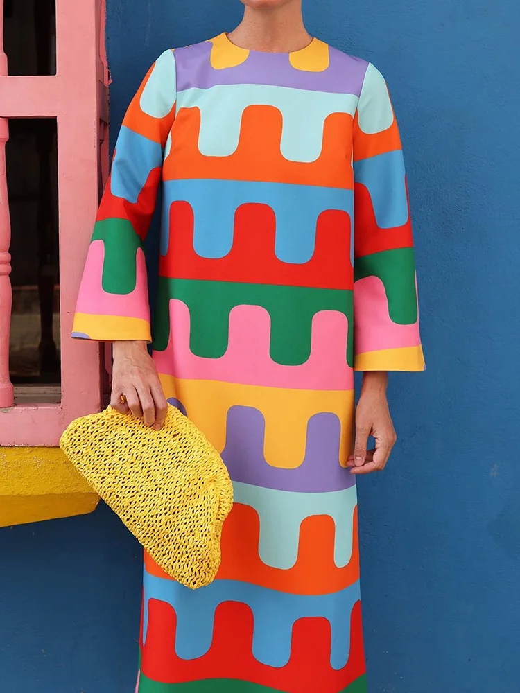 

Round Neck Print Patchwork Loose Dress Women Casual Three Quarter Sleeve Holiday Dress Streetwear Female Mid-Calf Dress Vestido