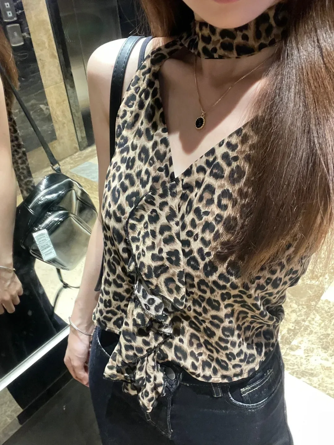 American vintage Leopard Print Hanging Neck Cami Women 2024 Summer New Design Sense Gyaru Sleeveless Top