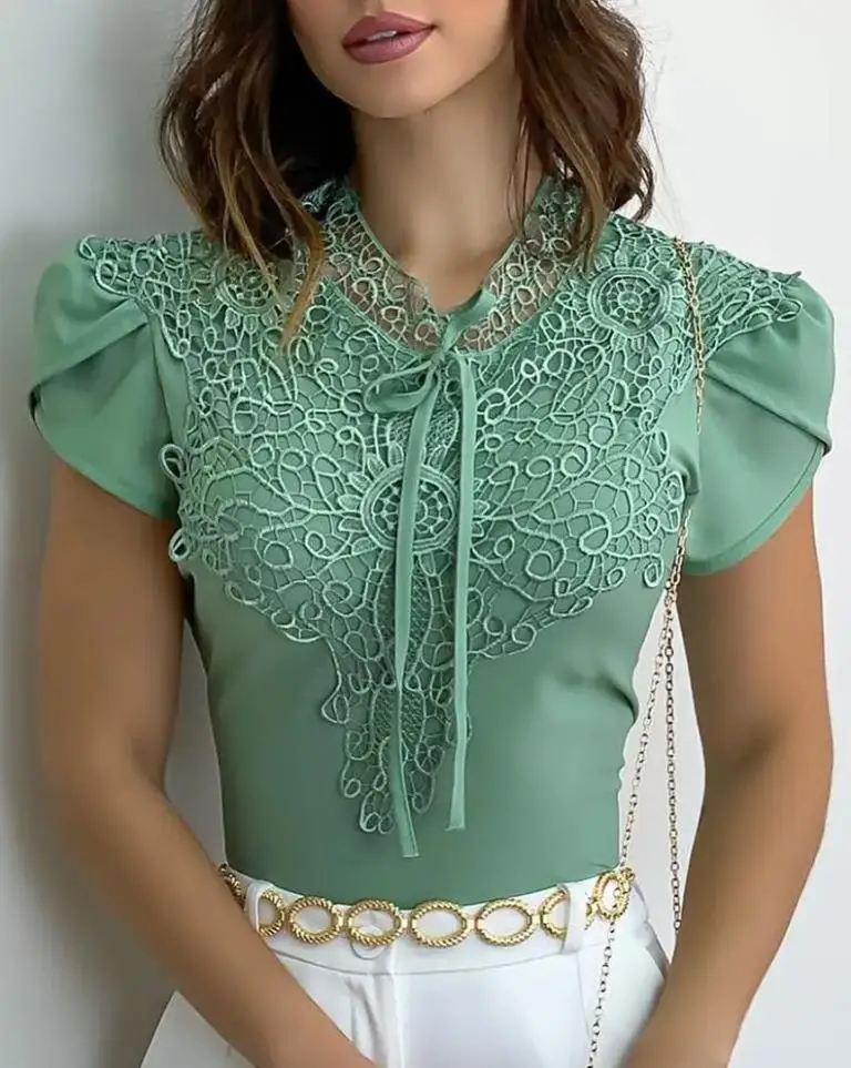 

Casual Elegant Short Sleeve T-Shirt Women Puff Sleeve Top Mint Green Lace Blouse All-Match Lady Office Wear Y2K Clothes 2023