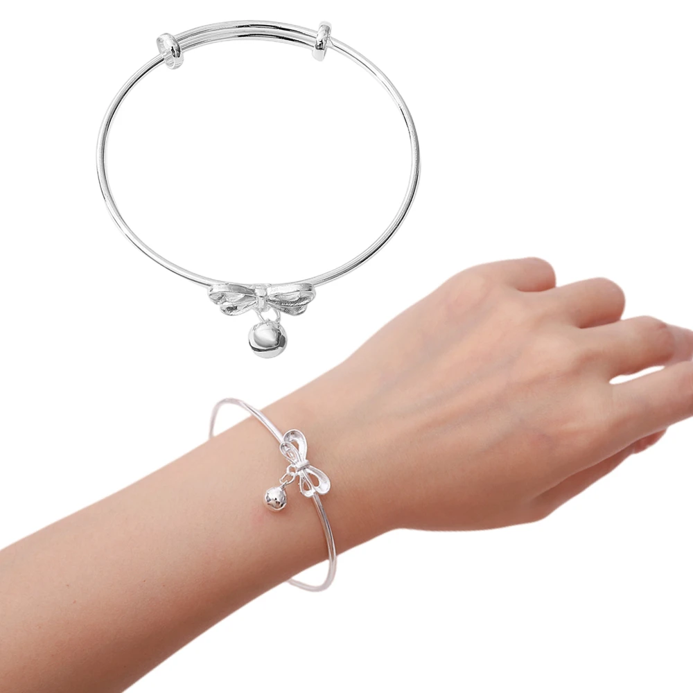 

Sweet Cute Bowkont Bell Bangle for Women Silver Color Adjustable Princess Bangles Jewelry Bracelet for Girl BFF Festive Gifts