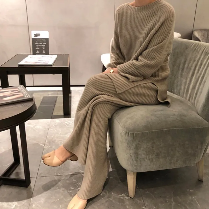 Knitted Sweaters Two-piece Hem Slit O-Neck Pullover Elegant Women's Sets Fashion Straight Wide Leg Pants Suits for Women 2022