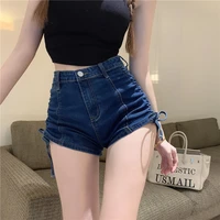 2022 women high elastic waist shorts jeans female summer button shorts ladies loose denim fashion pocket all match pants a01