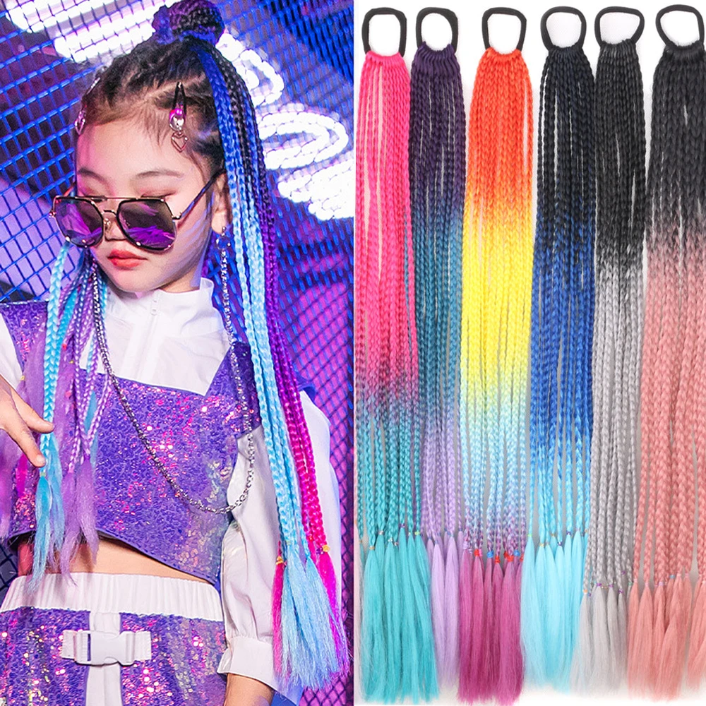 Braided Ponytail 24inch False Tail for Women Synthetic Hair Extensions Rainbow Color Braids Overhead Pony Horse Tails with Band