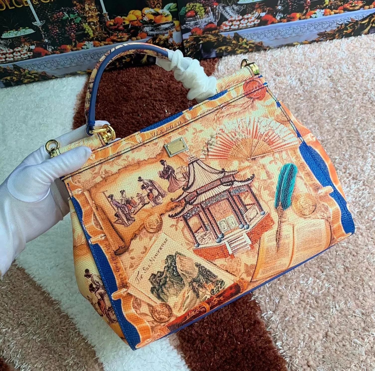 Luxury, fashionable, and casual women's top handle handbag with colorful patterns, designer brand women's leather crossbody bag