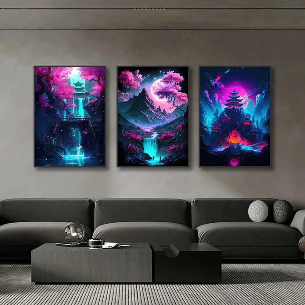 Неоновый розовый пейзаж холст с принтом японский аниме-стиль настенный