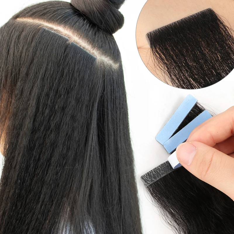 Custom Invisible Tape in Extensions Kinky Straight Light Yaki Silk Straight 4x0.8cm Injected Tape In Remy 100% Human Hair 20pcs