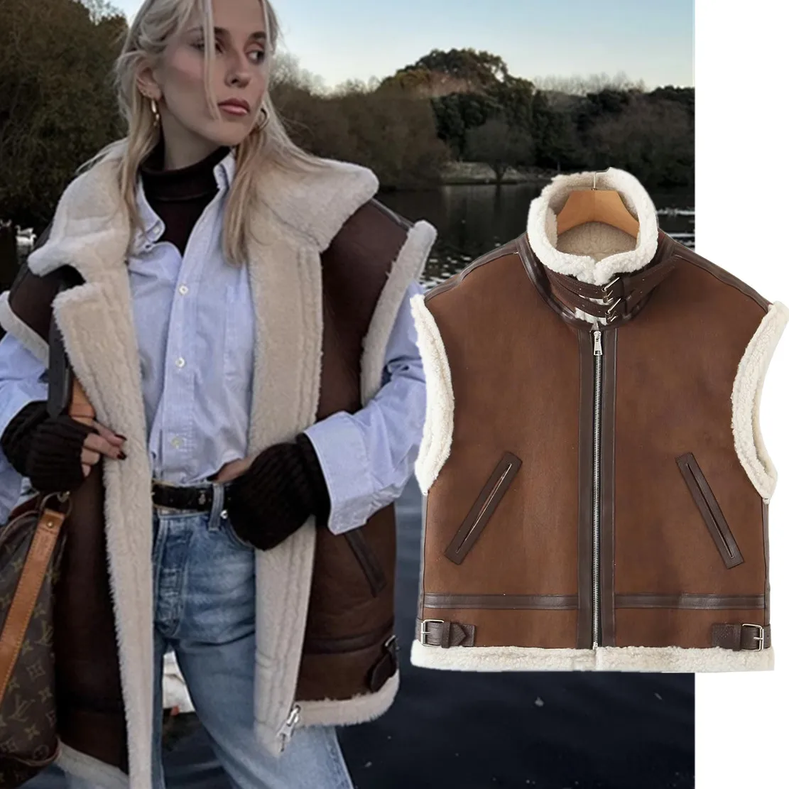 Maxdutti Blogger Vintage Suede Lamb Wool Loose Boyfriend Vest Jackets Women Tops Ins Fashion  Jackets