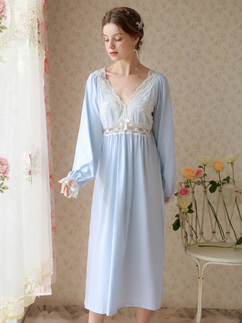 Women Spring Lingerie Cotton Lace Fairy Sweet Princess Sleepwear Ruffles V-Neck Embroidery Robes Vintage Victorian Nightdress