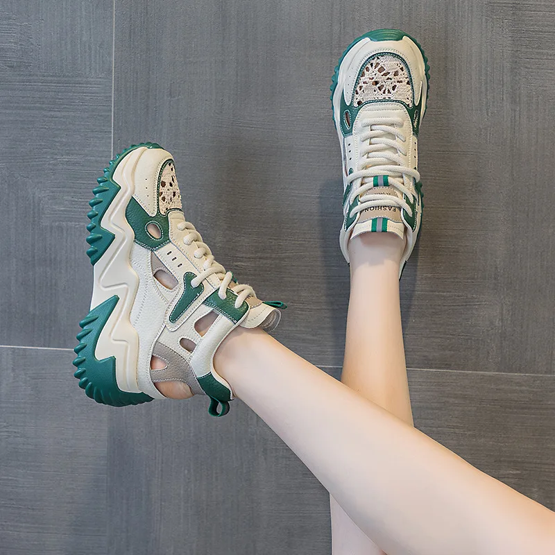 7CM Chunky Hollow Breathable Sneakers Fashion Genuine Leather Women New Female Summer Comfy Lace Up Fashion Ladies Shoes