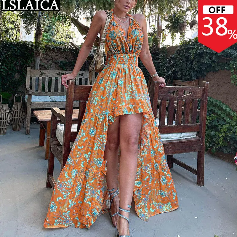 

Элегантное винтажное платье для женщин, летнее платье с цветочным принтом на тонких бретельках, асимметричное платье макси, модный пляжный ...