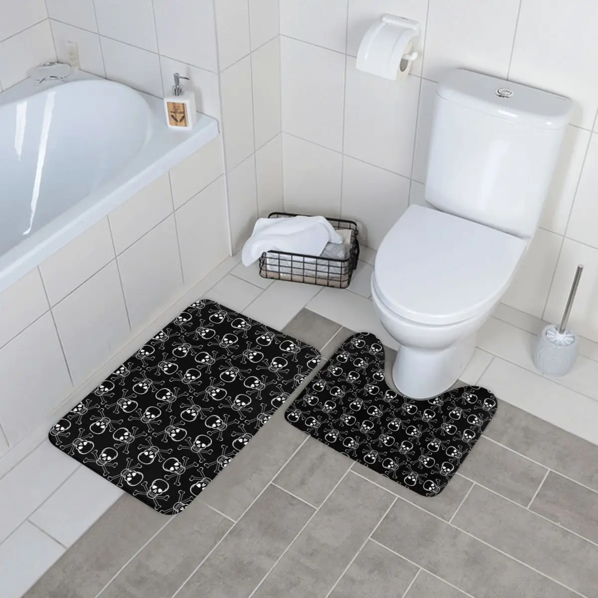 Gothic Print Bath Mat White Skulls and Crossbones 2pcs Soft Modern Bathroom Mat Set Polyester Door Bathroom Rug