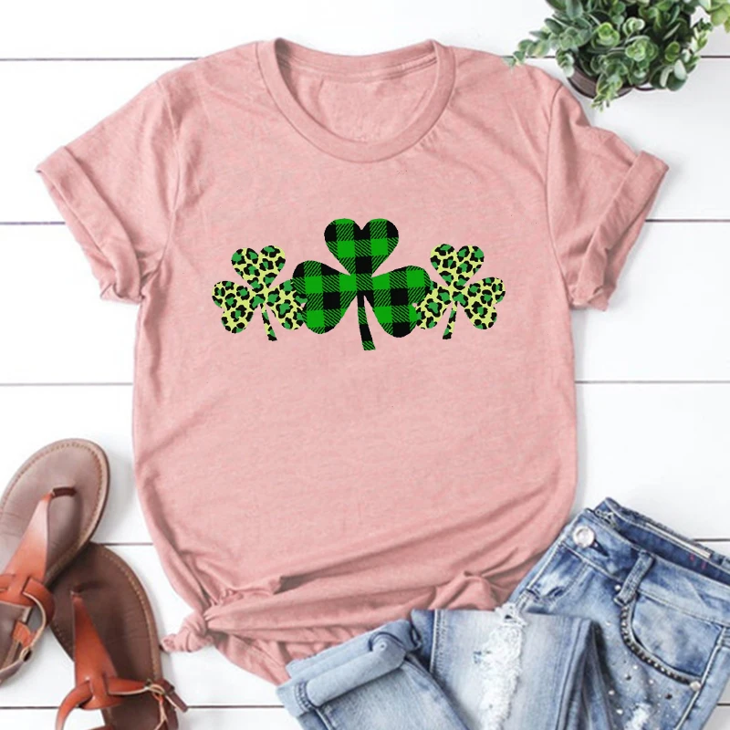 

St Patricks Day Three Clovers Shirts Women Unisex Shamrock Shirt 3 Shamrocks Graphic Tees Leopard Shamrock Plaid Clover Tees