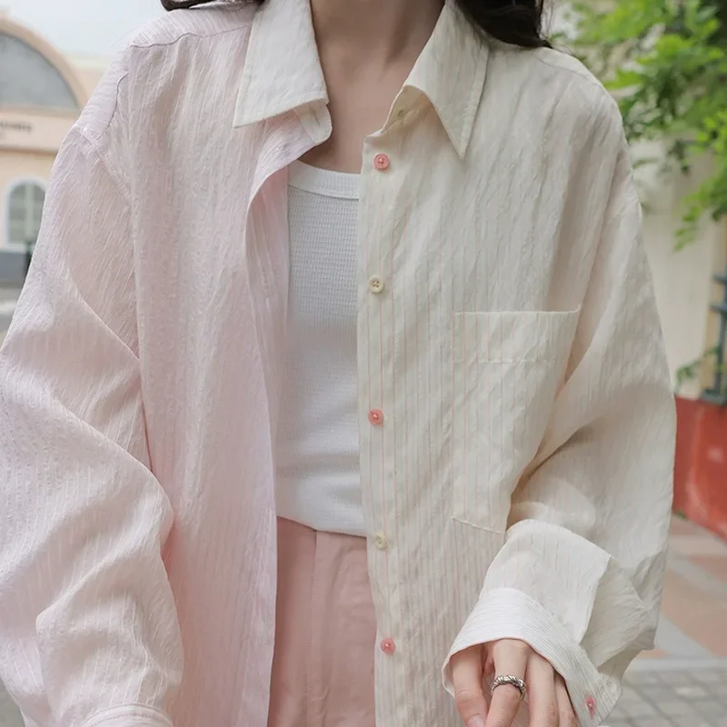 2024 весенняя новая женская полосатая рубашка с пузырьковой пудрой и цветными