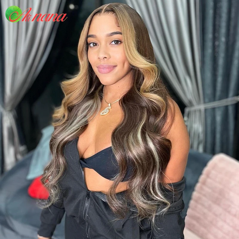 Ombre Brown Color Body Wave Human Hair Wigs Brazilian Highlights Blonde Transparent 13x6 Lace Front Wigs For Black Women 30 Inch