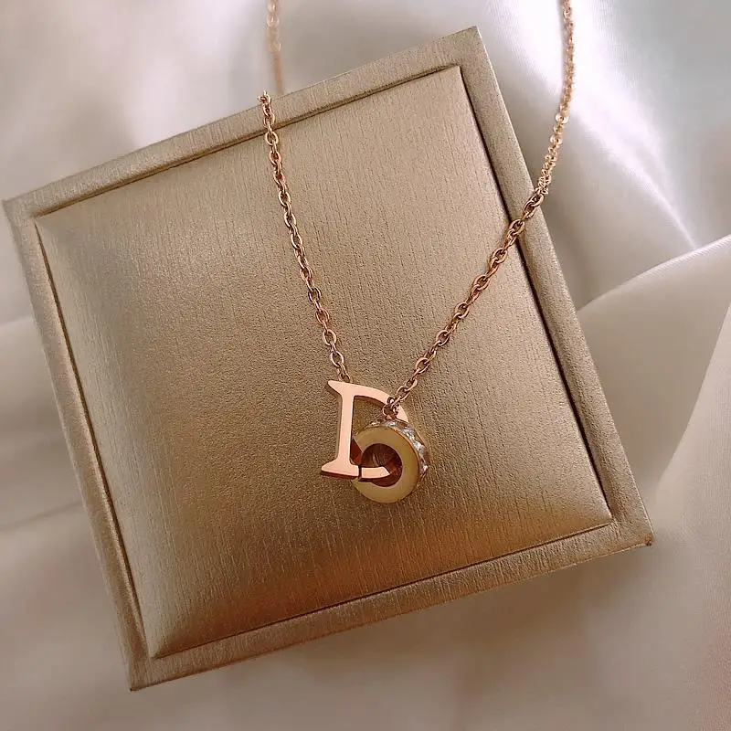 

POXAM Luxury Elegant Crystal Choker Fashion Roman Digital Stainless Steel Gold Silver Color Letter D Pendant Necklaces