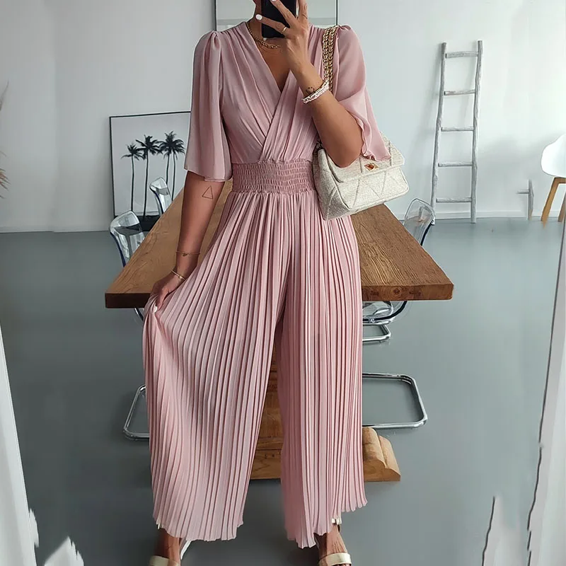 

Summer Short Sleeve Chiffon Home&Holiday Jumpsuit Casual Loose Pleated Wide Leg Pants Overalls Fashion Solid Women V Neck Romper