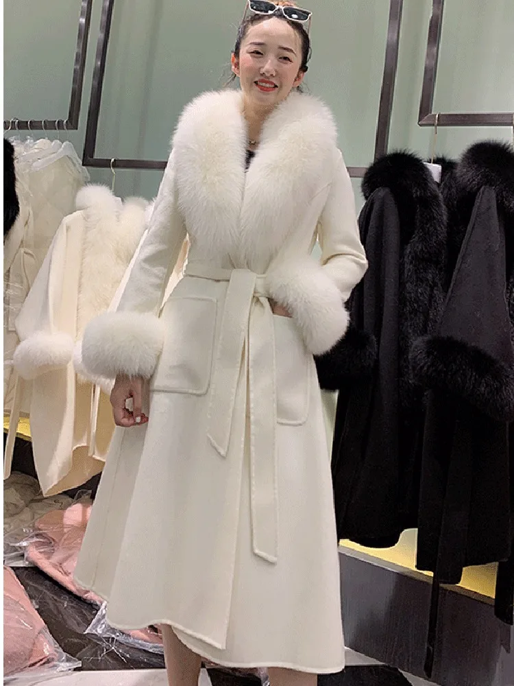 Luxury woman's coat autumn Winter x-long real sheepskin woolen jacket with real fox fur collar female winter clothing pink white enlarge