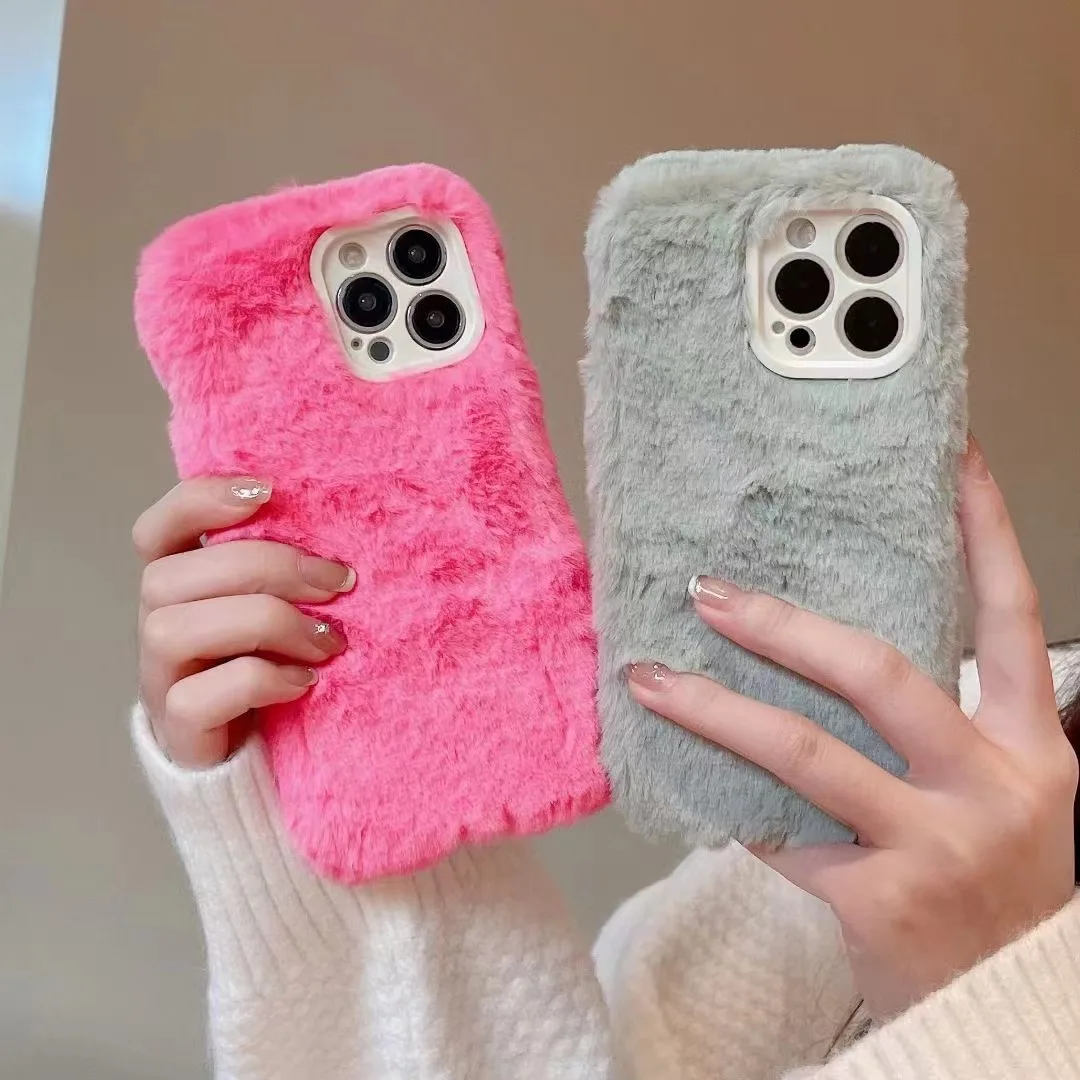

Luxury Winter Funny Cute Warm Plush Fur Candy Color Fluffy Case For iPhone 14 13 12 11 Pro Max Soft Bumper Coque Girly Capa