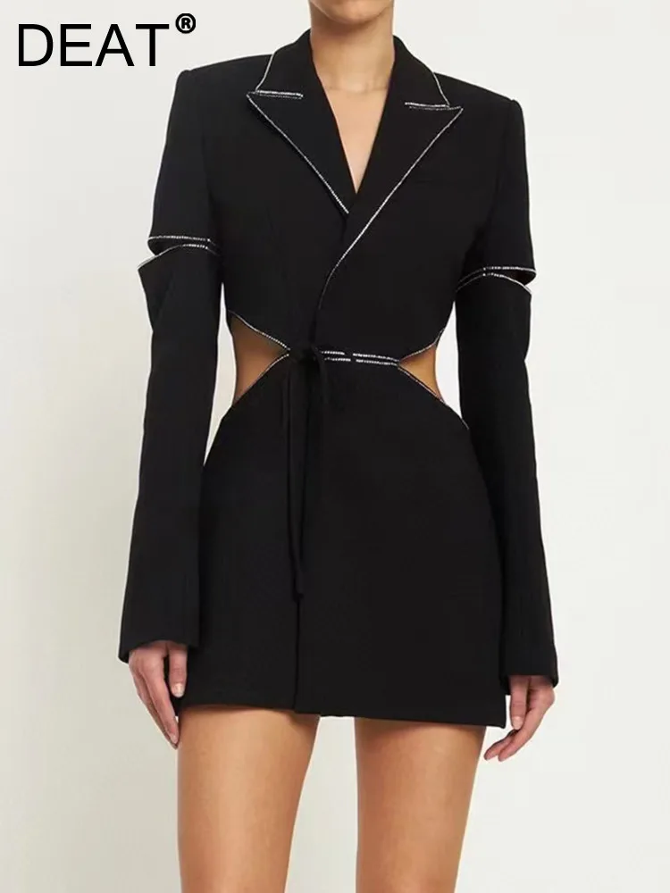 

DEAT Fashion Women Blazer Notched Collar Waist Holow Out Lace-up Hot Diamond Straight Black Suit Jackets Autumn 2023 New 17A9896