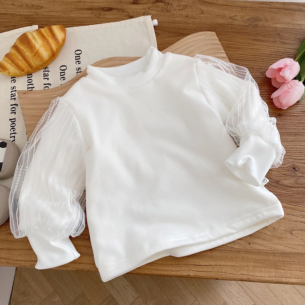 

Детская белая футболка с длинным рукавом для девочек, однотонная бархатная теплая осенне-зимняя детская одежда, рождественские Топы принце...