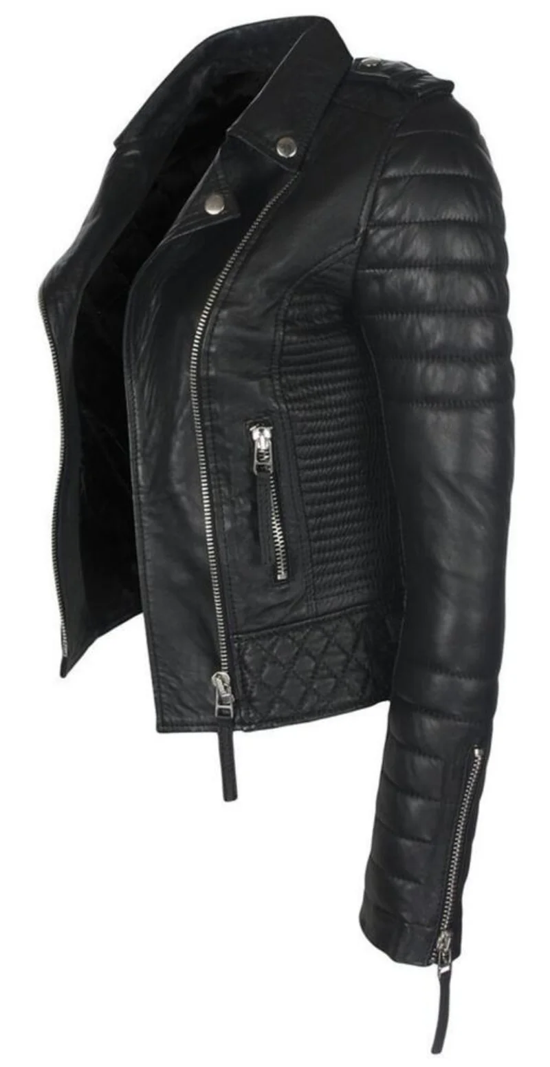 Womens Leather Jacket Quilted Black Lamb Skin Designer Fashion Genuine Leather Coat