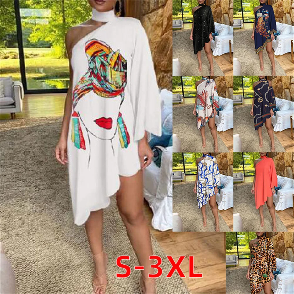 

Europe And The United States New Womenclothing Sexy One-Sleeve Off-Shoulder Ruffled Mini Skirt Ladies Print Pullover Loose Dress