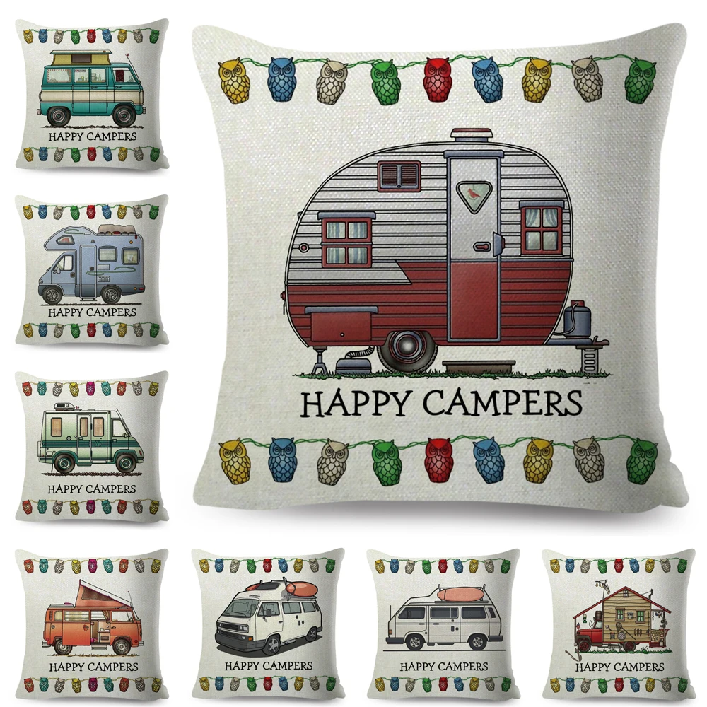 

House Travel Car Happy Camper Pillow Case Decor Cartoon Van Life Cushion Cover for Sofa Home Children Room Pillowcase 45x45cm